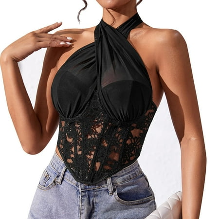 TrdSipl Lace Corset Tops for Women Mesh Boned Lace Corset Bodysuit Sexy Floral Criss Cross Shapewear Bodysuit Plus Size Cosplay Outfits Black XS