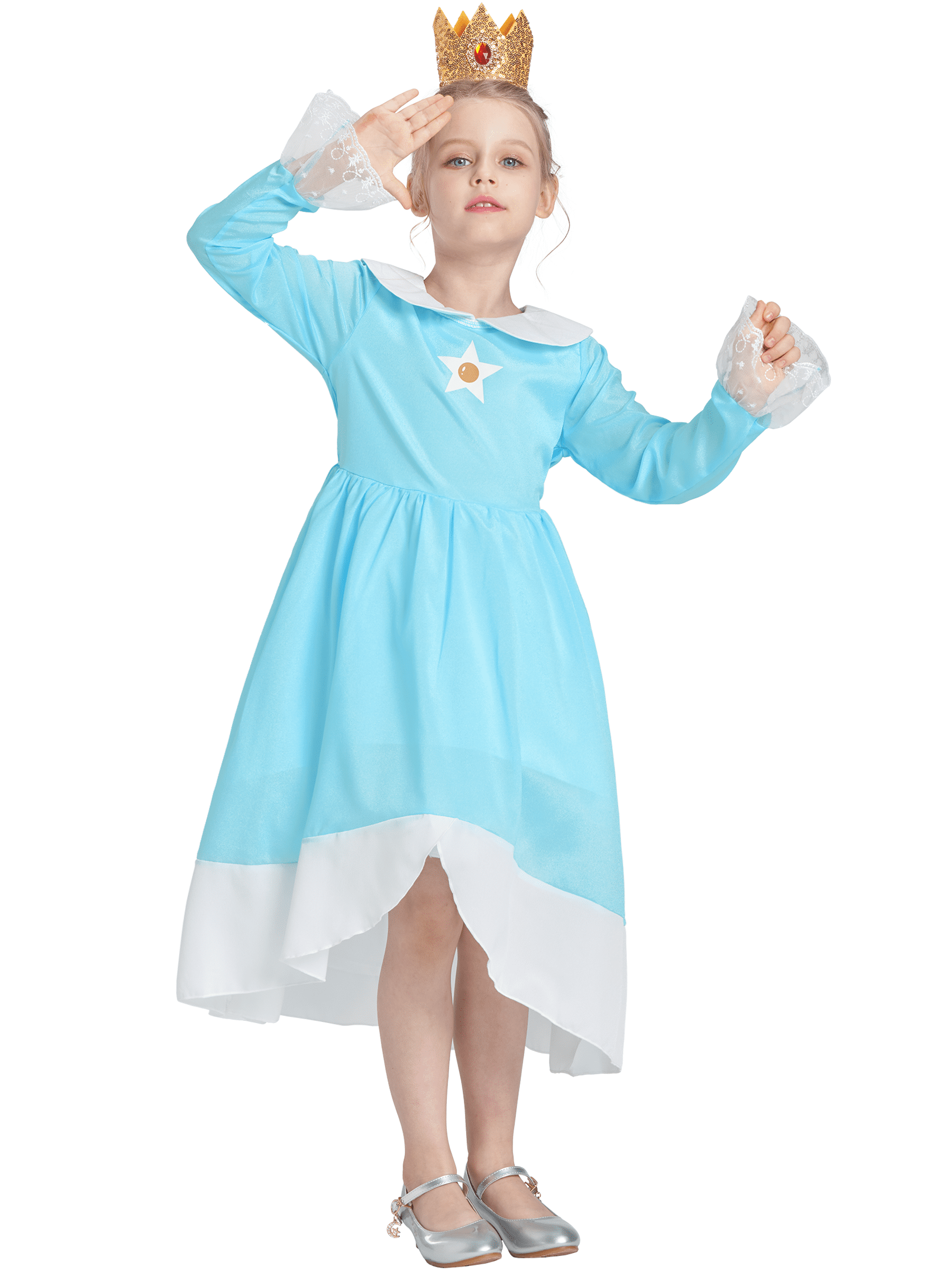 Girls Princess Costume Set, Dress Crown Suit for Kids, Children's Fancy Birthday Party Gift Blue 3-4T