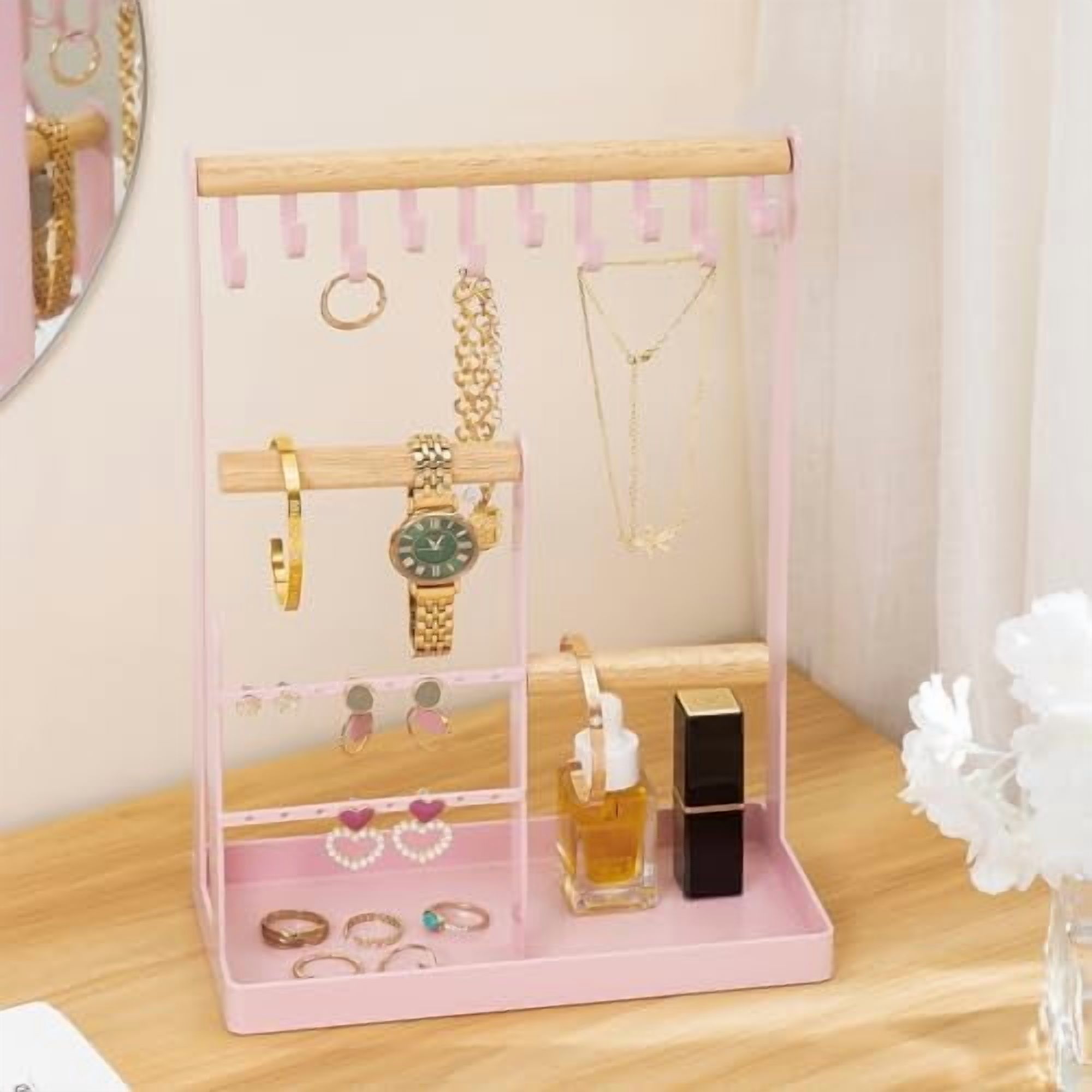 Jewelry Stand Holder Organizer, 4-Tier Necklace Holder with Ring Tray, 10 Hooks Necklaces Hanging Small Jewelry Display Storage Tower Tree for Bracelets Earrings Watches -Medium, Pink