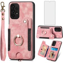 Phone Case for Samsung Galaxy A23 5G/4G Wallet Cover with Tempered Glass Screen Protector and Wrist Strap Lanyard RFID Credit Card Holder Ring Stand Cell Accessories A 23 23A 6.6 Women Pink