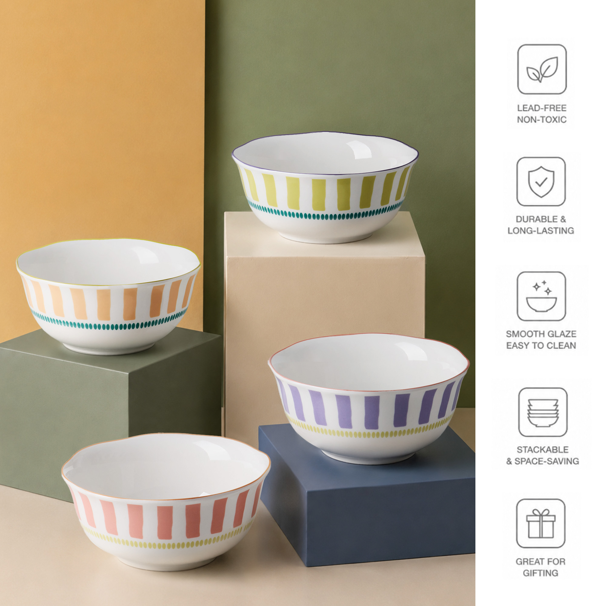 Carote 4-Piece Ceramic Cereal Bowl Set, Orange photo 8
