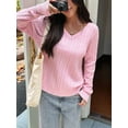 thumbnail image 5 of Women Long Sleeve Cable Knit Sweater Fashion V Neck Fitted Pullover Top Business Casual Fall Outfits Pink M, 5 of 7