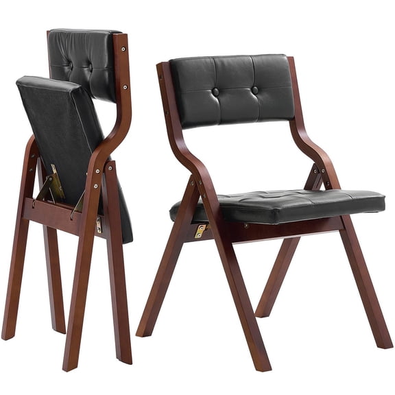 KFFKFF Wooden Folding Chairs with Leather Seat, Set of 2, Portable Foldable Chairs with Wooden Frame, Simple Assembly, Contemporary Leather Upholstered Dining Chairs for Office, Events, Home, Black