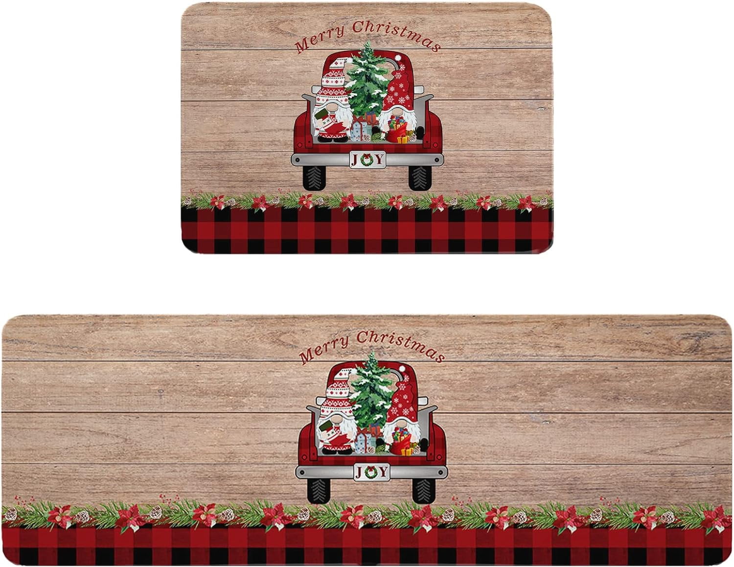 Kitchen Rug Mat Christmas Truck Gnome, Set of 2, Anti-Fatigue Non-Skid Washable Kitchen Runner Rugs, Buffalo Check Wood Soft Comfort Rug for Kitchen, Floor Home, Front of Sink, Laundry