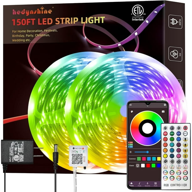 Tira de luces LED de 150 pies, cambio de color RGB Hedynshine con control remoto de 40 teclas y teléfono, tira de luces LED con sincronización de música, tira de luces LED inteligentes para