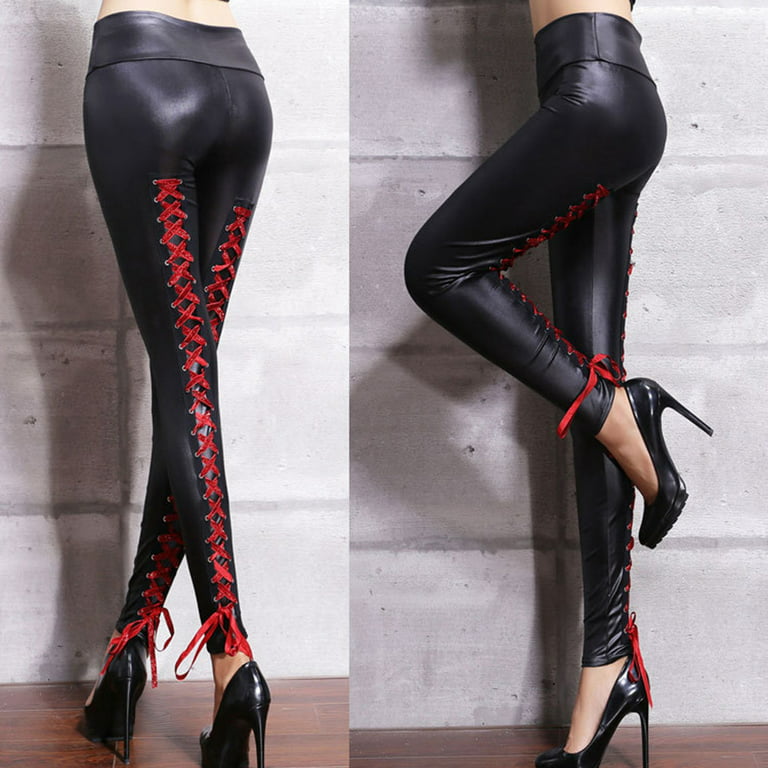 Women's Legging Ladies Fashion High Waist Black Ladies Lace Up Leather  Leggings Pants 