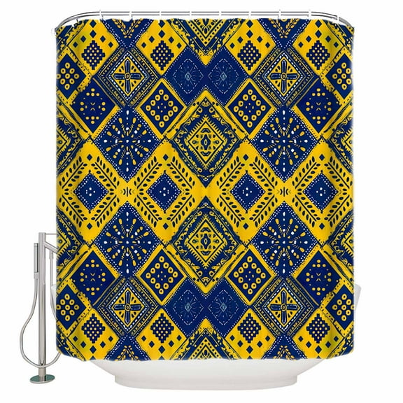 Fabric Shower Curtain, Boho Yellow Watercolor Flower Rhombus Polka Dot Shower Curtains with 12 Hooks Waterproof Machine Washable Bath Curtains for Bathroom,54 x 78in