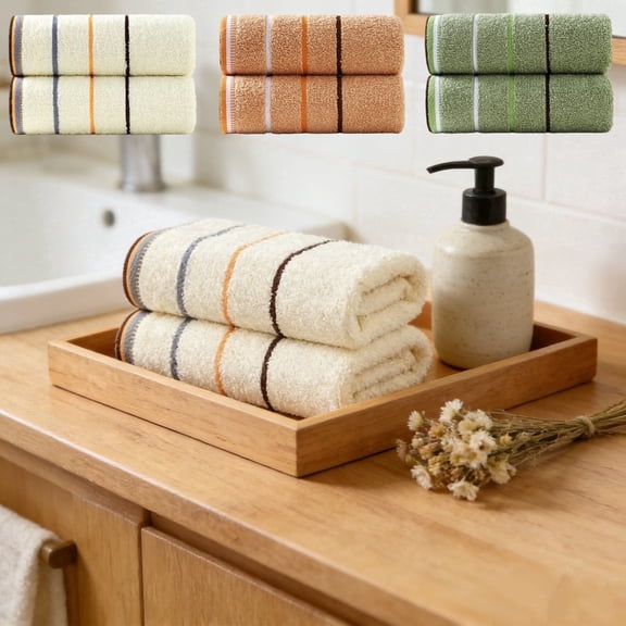 Cotton Hand Towels 2 Pack – Soft Thick Highly Absorbent Face & Bathroom Towels with Quick Dry Striped Texture for Daily Washing, Spa, Travel
