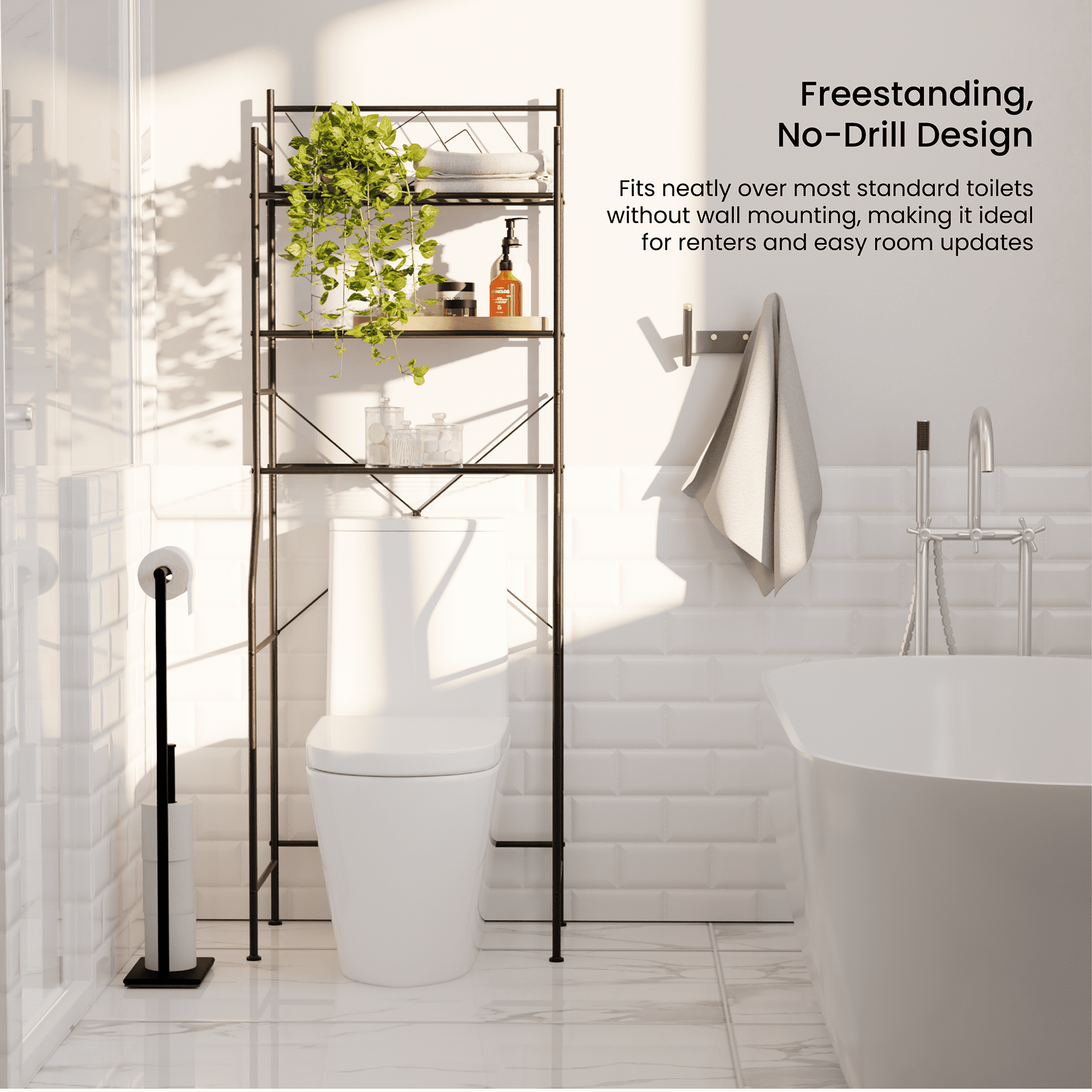 Home Zone Living 3-Tier Over the Toilet Bathroom Storage Organizer with Wide Stabilizing Base, Matte Black
