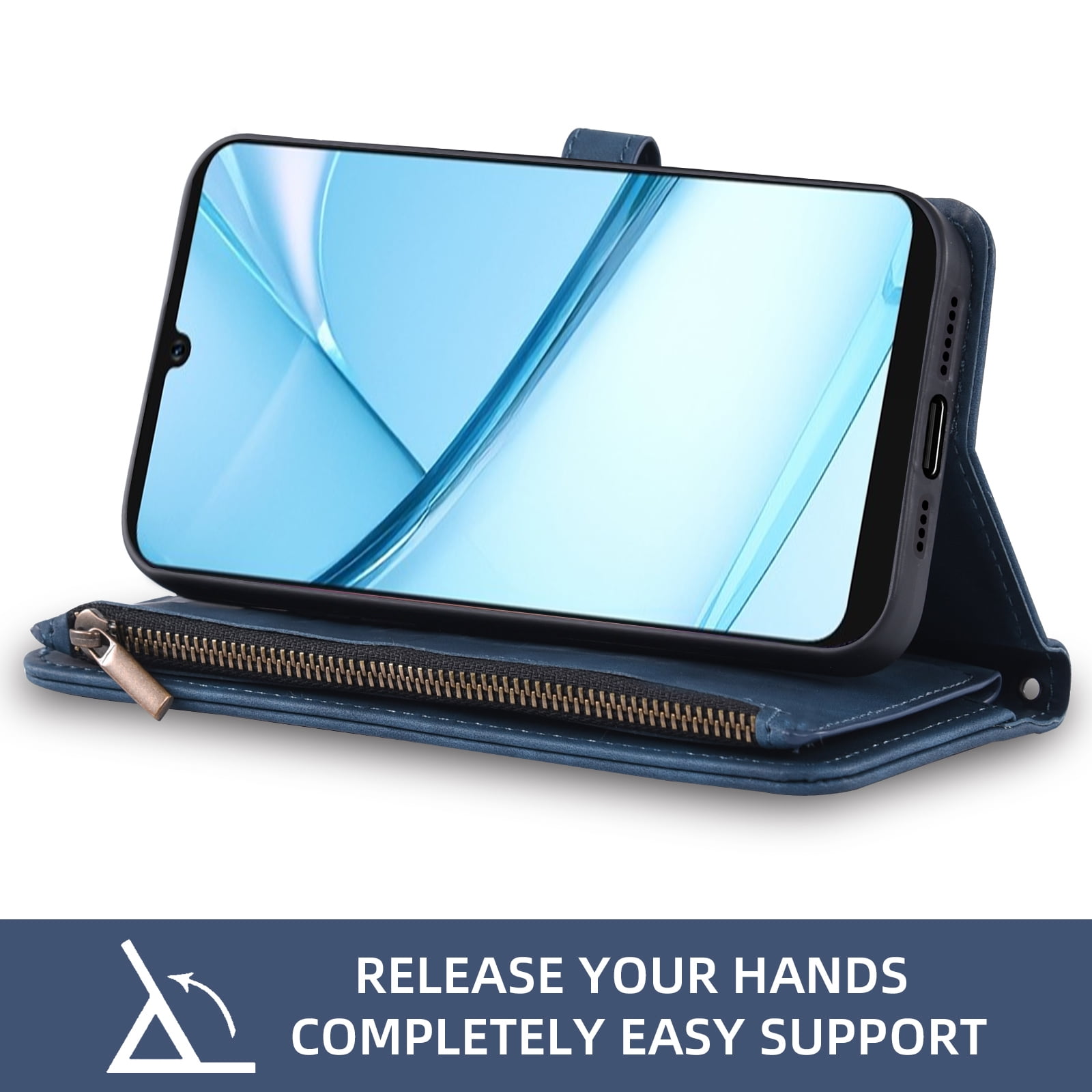 Asuwish Phone Case for Tracfone BLU View 5 Pro B170D Wallet Cover With Tempered Glass Screen Protector Flip Pattern Zipper Credit Card Holder Stand Cell Trac Fone BLUE View5 5Pro 6.74 Women Men Blue