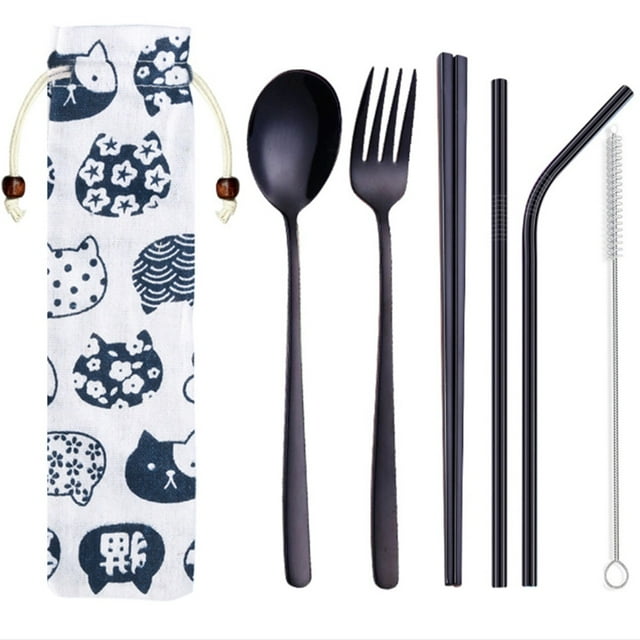 5Pcs Creative Simple Style Cutlery Set, Stainless Steel Unisex Portable Spoon Fork Straw Chopsticks Kit with Cartoon Cloth Storage Bag