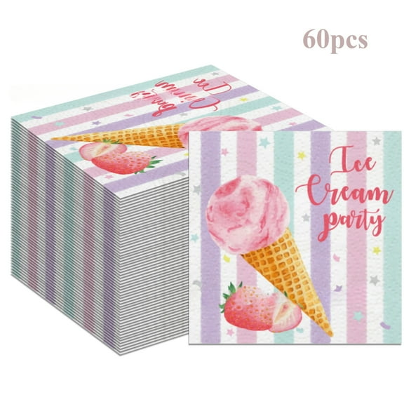 Ice Cream Party Paper Napkins 60 Pieces Disposable Dessert Theme Supplies for Baby Shower/Birthday(Fold 6.5in Unfolded 13 in)