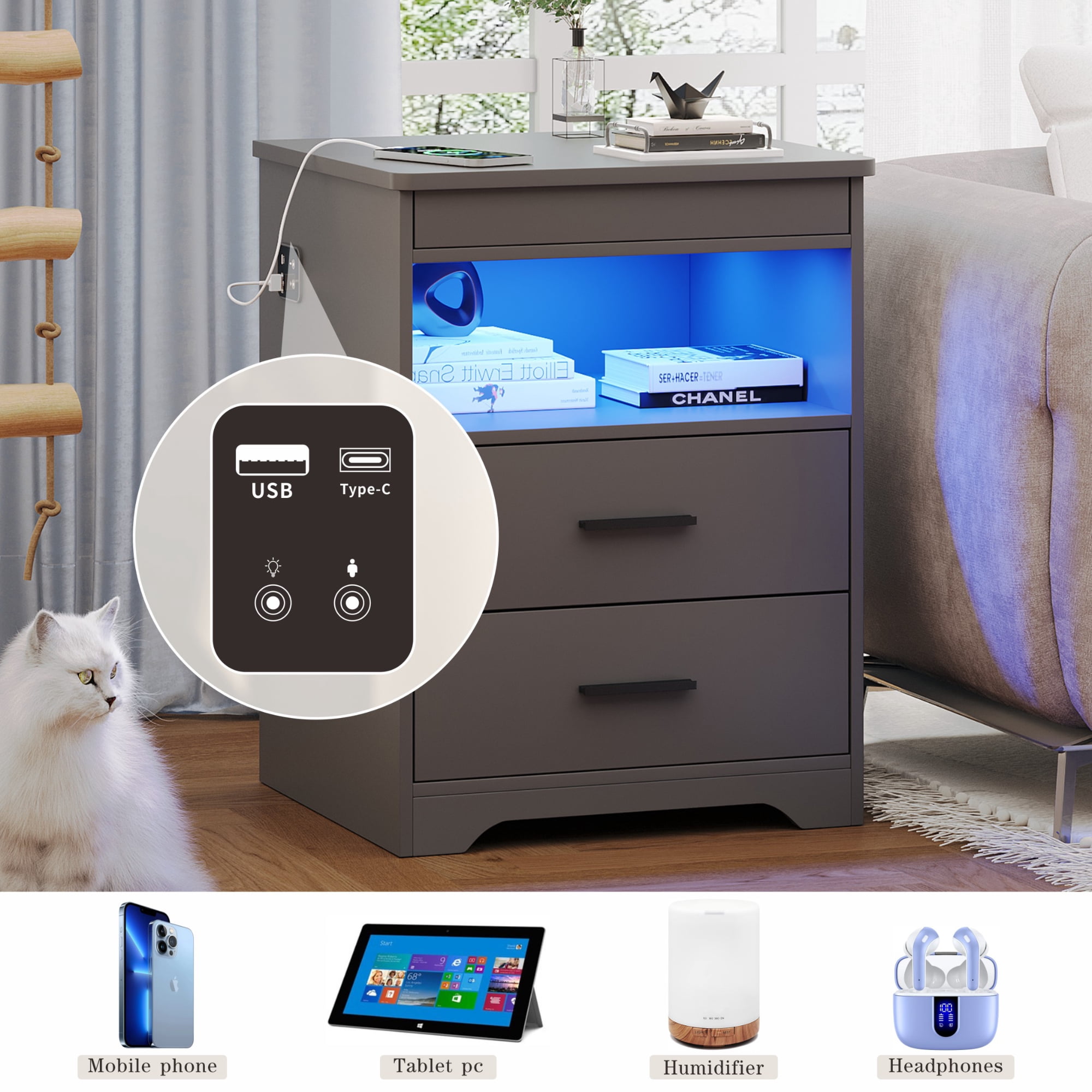 VKCC Rustic Wooden Nightstand with Charging Station, 2 Drawers Bedside Table with LED Lights, Small Cabinet for Bedroom Living Room, Grey