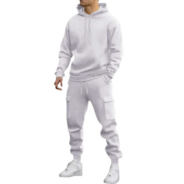 Mens Long Sleeve, Tracksuit with Hooded Pullover and Elastic Waist