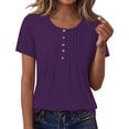 thumbnail image 2 of Babysbule Women's Henley Pleated Front Blouse, Short Sleeve Round Neck Casual Top, Solid Color Regular Fit T-Shirt for Spring Summer Daily Wear, 2 of 8