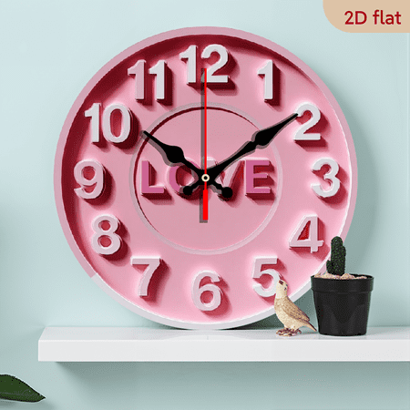 2D Flat 1pc Wooden Modern Pink Love-Themed Wall Clock - 10 Inch Large Easy-to-Read Numbers, Mechanical Quartz Movement, Silent Operation, Auto Shut-Off, Pink Design for Bedroom, Living Room Decor
