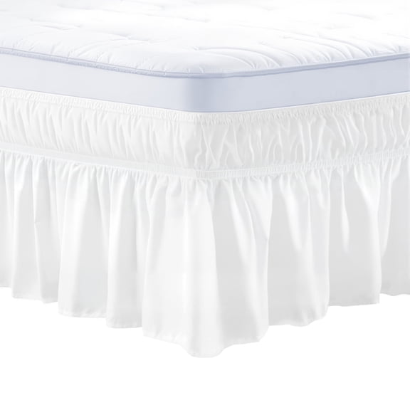 VEVOR Wrap Around Bed Skirt, 15 in Drop, White Dust Ruffle Queen Size, Bedskirt with Elastic Strap, Machine Washable, Queen Size