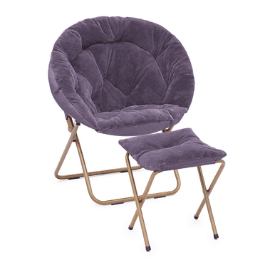 Round Folding Faux Fur Saucer Chair for Bedroom Living Room Dorm Foldable Metal Frame Oversized Large Comfy Furry Padded Soft Cozy Moon Chair with Footrest Ottoman for Adults (Purple)