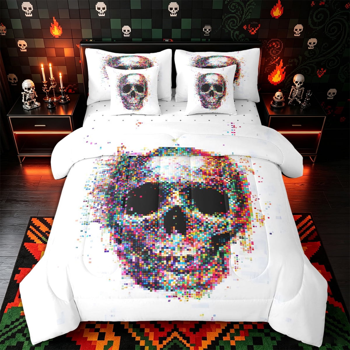Castle Fairy Halloween Pixel Skull Full Size Bedding Sets 7 Pieces Abstract Geometric Grid Full Size Bed in a Bag Bright White Reversible