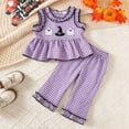 thumbnail image 5 of JAJAHO Toddler Baby Girl Halloween Clothes Sleeveless Ruffle Ghost Embroidery Plaid Tops Pants 2 Piece Set 6M-4Y, 5 of 9
