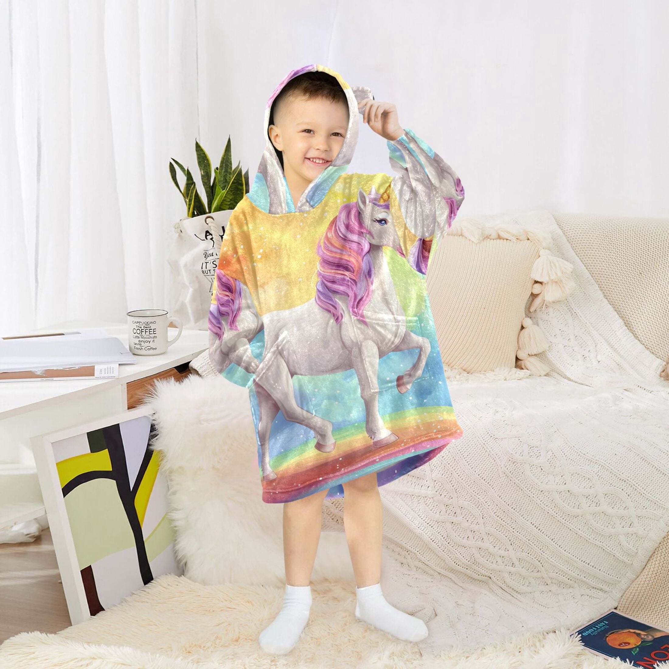 joogoo Wearable Blanket Hoodie for Kids Unicorn Standing on Rainbow Flannel Oversized Sweatshirt 3-14 Years L