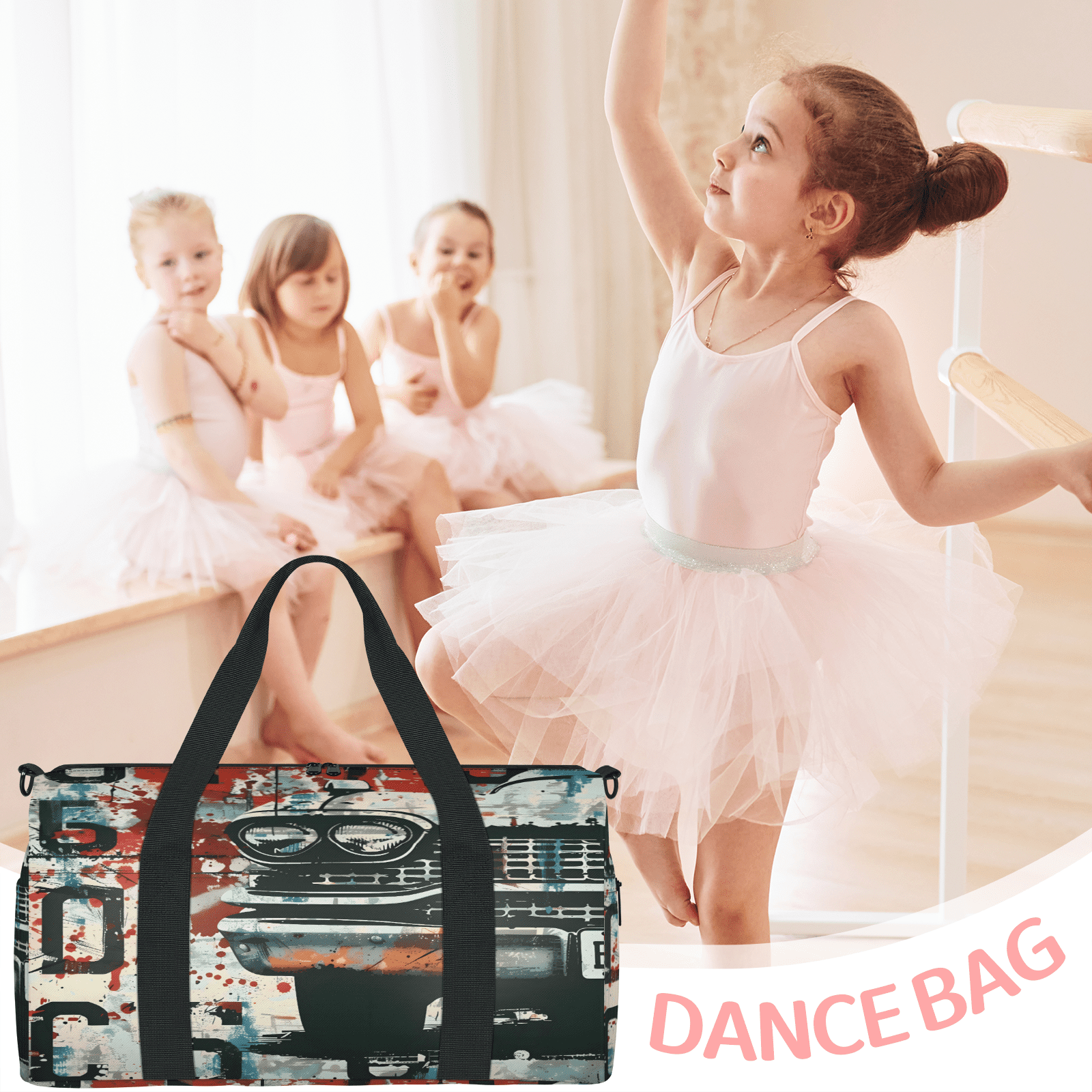 Herdesigns Car Vintage Retro Travel Duffle Bag Sports Yoga Weekender Overnight Carry on Workout Bags Lightweight Waterproof Gym Tote Bag for Women