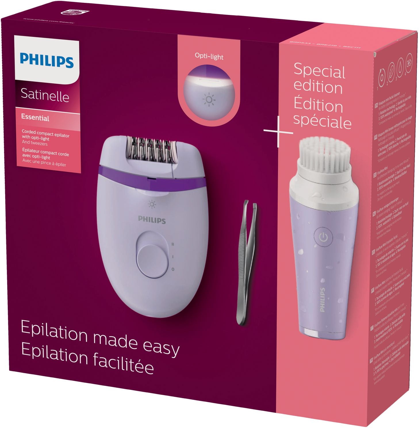 Corded compact epilator Satinelle Essential bundle with VisaPure facial cleanser, BRP533/00