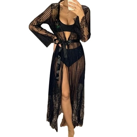 

Ehfomius Women’s Solid Color Lace Perspective Long Sleeve Bandage Nightgown
