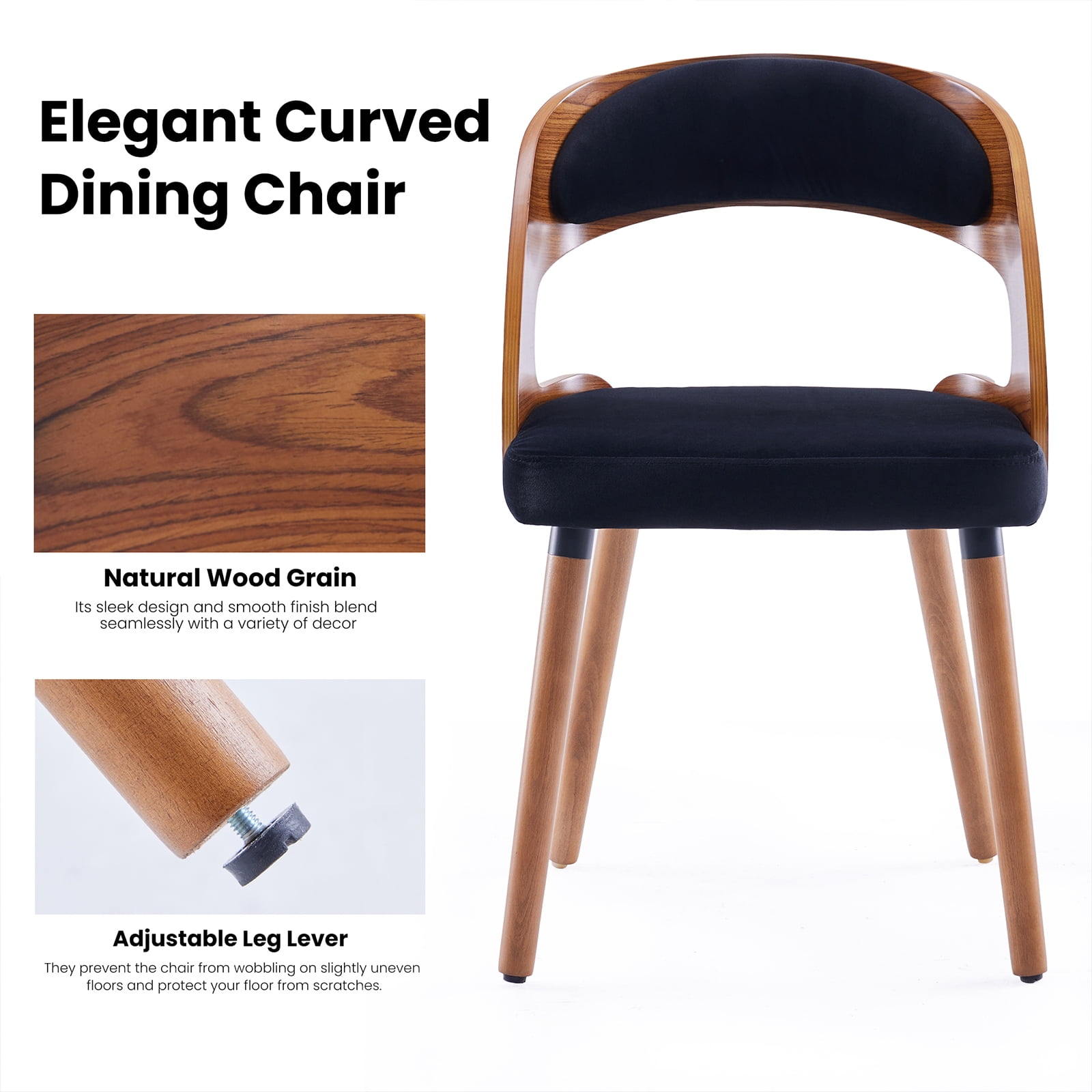 Farini Set of 2 Wood Dining Chairs with Curved Backrest for Kitchen Dining Room, Black