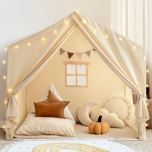 KOPPOP Toddler Playhouse, Indoor/Outdoor Kid Play Tent, Toddler Play Tent with Bunting and Star Lights (Boys and Girls, Beige)