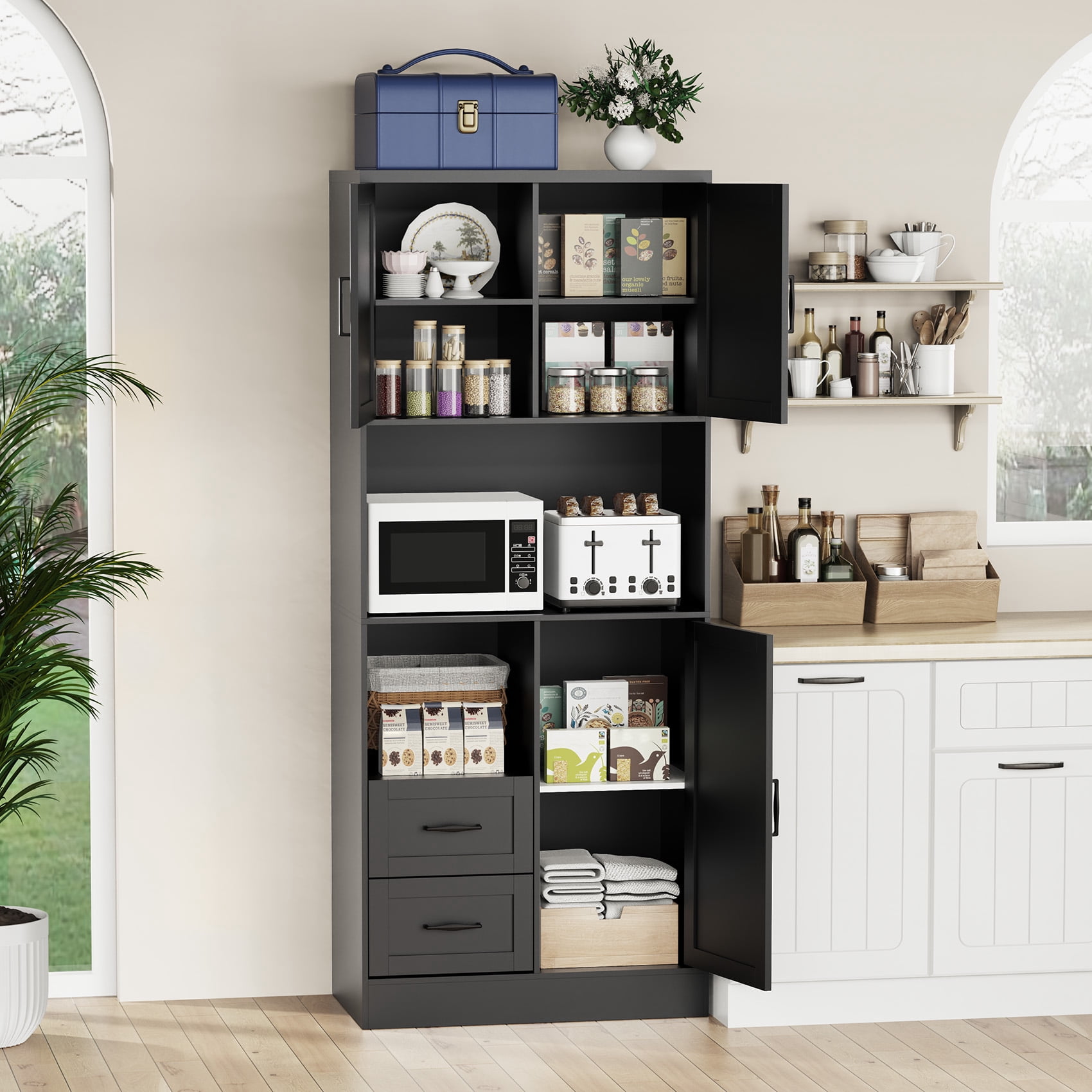 Frmobepts 68" Tall Kitchen Pantry with LED Lights, Free-standing Wood Storage Cabinet with Farmhouse Barn Doors for Dining Room, Black