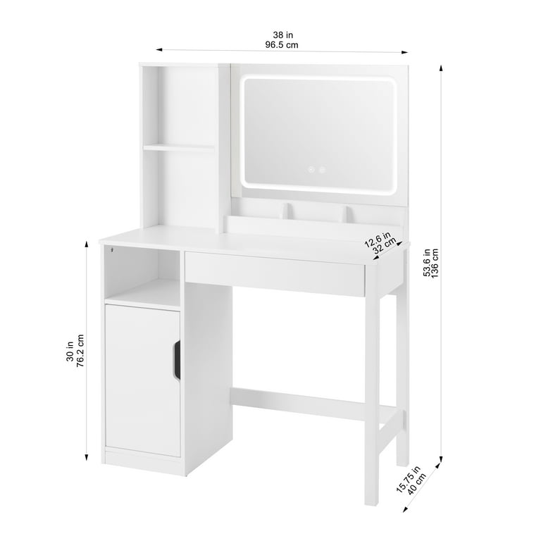 Mainstays Get Ready with Me GRWM Vanity Table with Lighted Mirror and Storage, White Finish