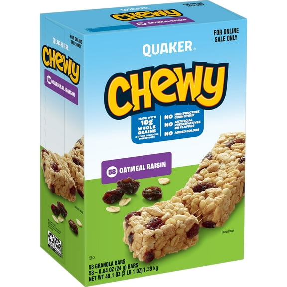 Quaker Chewy Granola Bars, Oatmeal Raisin, Individually Wrapped Granola Bars, (58 Pack)