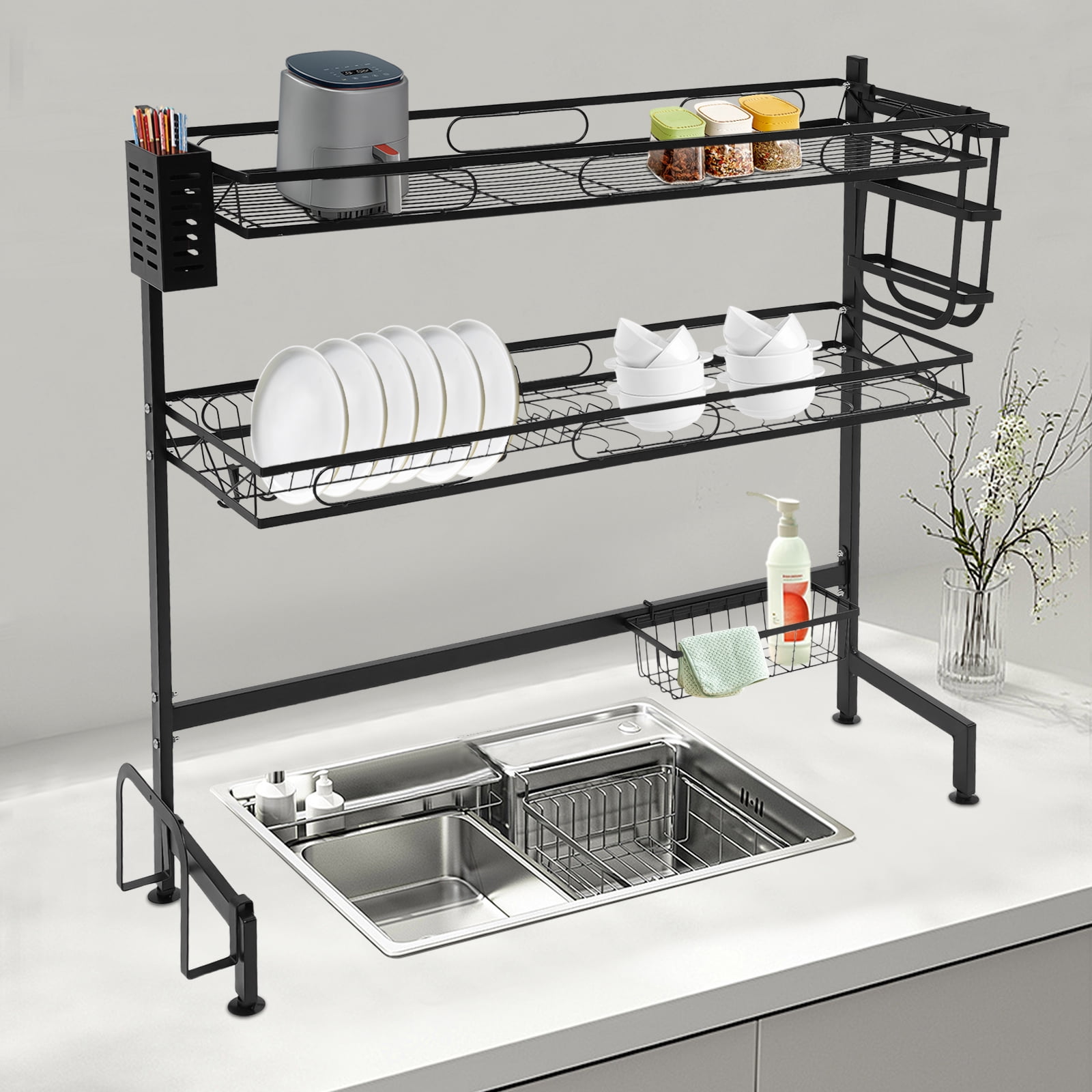 2-Tier Over Sink Dish Drying Rack – Heavy Duty Carbon Steel Kitchen Organizer with Adjustable Anti-Slip Feet, High Guardrail & Multi-Basket Storage, Black
