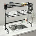 thumbnail image 2 of 2-Tier Over Sink Dish Drying Rack – Heavy Duty Carbon Steel Kitchen Organizer with Adjustable Anti-Slip Feet, High Guardrail & Multi-Basket Storage, Black, 2 of 11