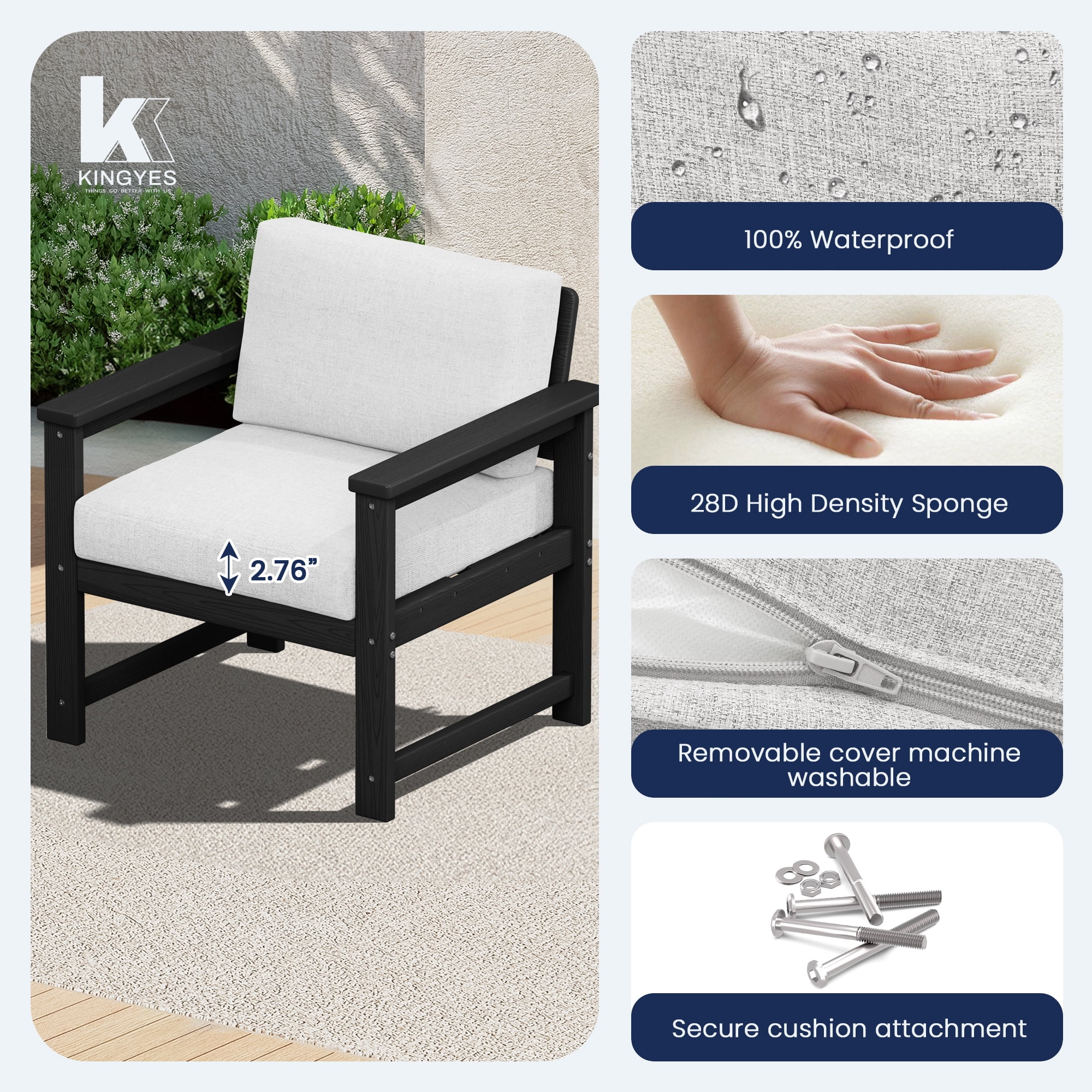 KINGYES 4 Pieces Outdoor Furniture Set, HDPE All Weather Use Conversation Couch Sets,2 Armchairs & 1 Loveseat & 1 Coffee Table for Patio Backyard, Black Frame with Khaki Cushions