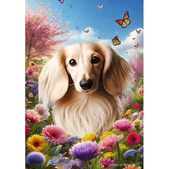 Dachshund Cream Longhaired - Best of Breed Spring Butterfly Outdoor House Flag 28" x 40" Mailbox Flag