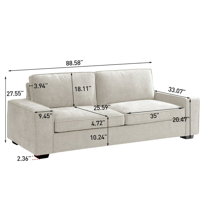 88.5 in. W Square Arm 3-Seats Linen Sofa with Removable Back, Seat CUS