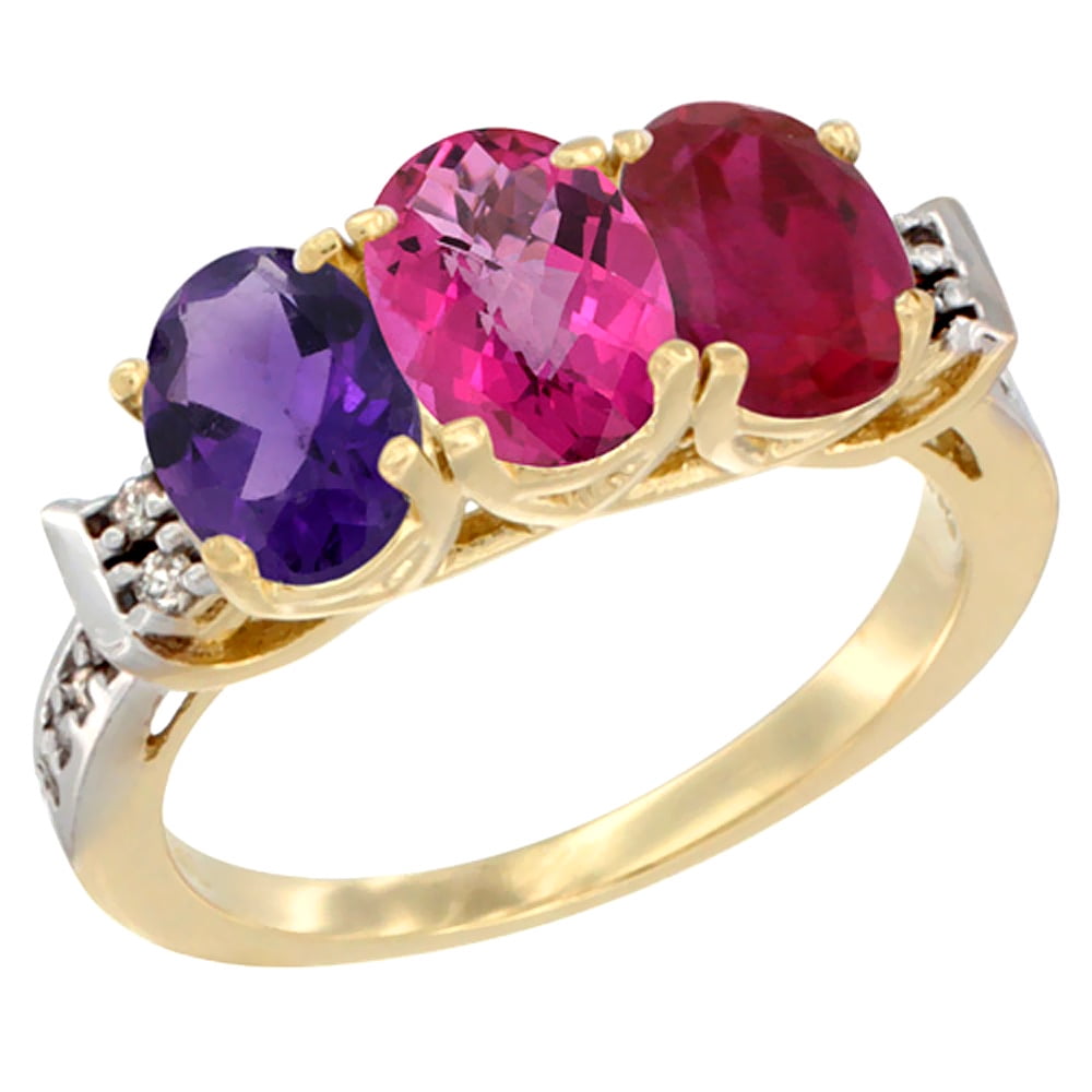 10K Yellow Gold Natural Amethyst, Pink Topaz & Enhanced Ruby Ring 3-Stone Oval 7x5 mm Diamond Accent, sizes 5 10 by WorldJewels