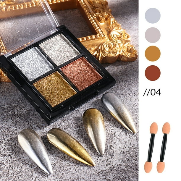 Fiudx Polvo de Espejo Sólido para Decoración de Uñas, 4 Colores, Brillo de Espejo para Uñas