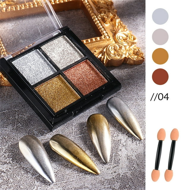 Fiudx Polvo de Espejo Sólido para Decoración de Uñas, 4 Colores, Brillo de Espejo para Uñas