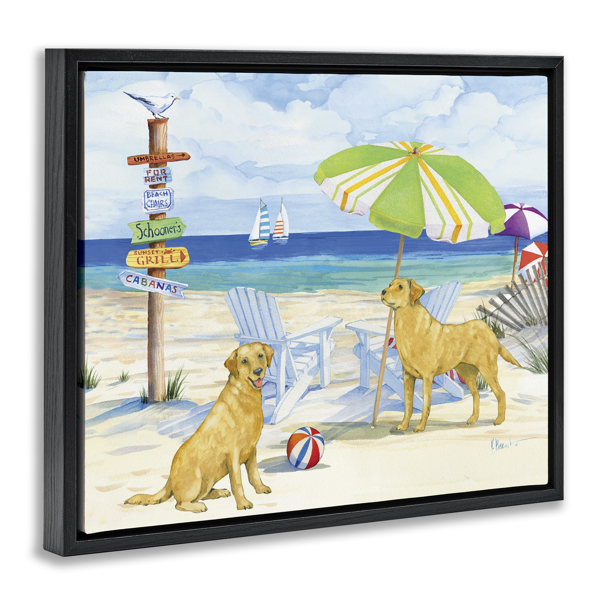 Stupell Industries Retriever Dogs at Beach Animals & Insects Painting Black Floater Framed Canvas Art Print Wall Art, 21 x 17