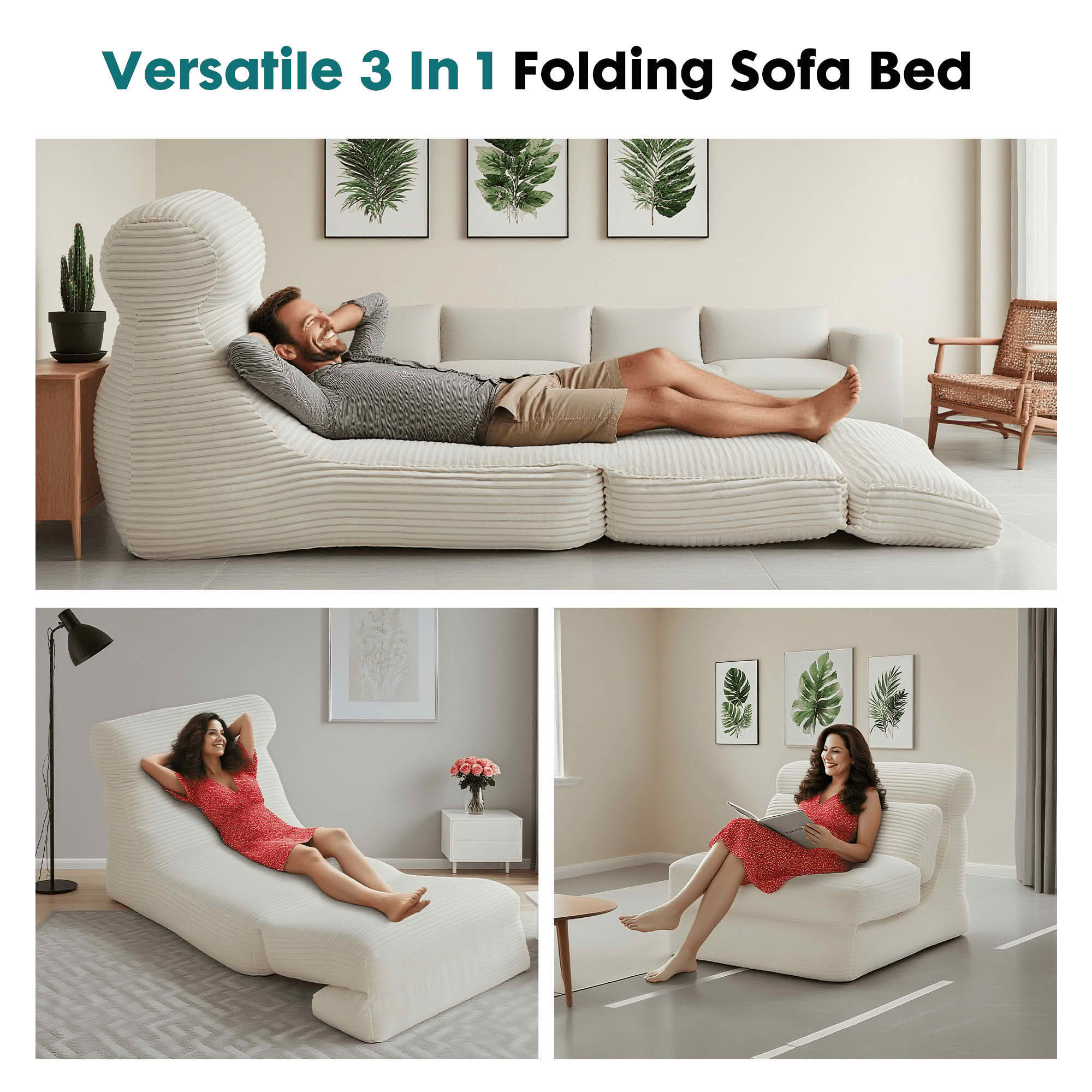 MAYEERTY 3-in-1 Sofa Bed - Corduroy, Quick Setup, Lumbar Support, Compact Space Friendly