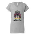 thumbnail image 3 of Messy Bun BeachLife | Cool Neon Leopard Print Bandana | Sunglasses Vaction Beach Paradise Fashion Women's Standard V-Neck Tee, Heather Grey, S, 3 of 5