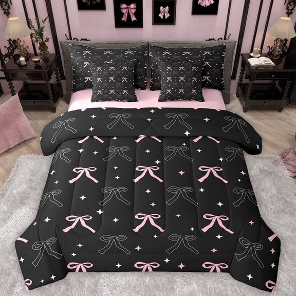 Manfei Kawaii Bow Tie 7-Piece Twin Bedding Sets,Cute Bowknot Ribbon Bedding Comforter Set,Rhombus Stars Pattern Sheet Sets For Girls Teens,Breathable Home Decor Reversible