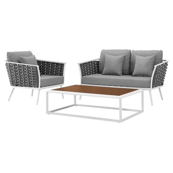 Modern Contemporary Urban Design Outdoor Patio Balcony Garden Furniture Lounge Chair and Sofa Set, Fabric Aluminium, White Navy