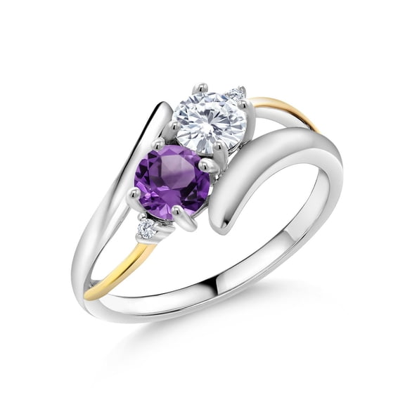 Gem Stone King 925 Silver and 10K Yellow Gold Purple Amethyst Lab Grown Diamond Ring Set with 1.00cttw Moissanite (1.00 Cttw, Size 7)