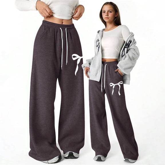 Girls Baggy Sweatpants Bow Drawstring Wide Leg Y2K Sweat Pants Casual Loose Athletic Joggers Preppy Fall Clothes With Pockets For Kids Back-To-School Gifts 4-16Y Brown,150=12-13Y