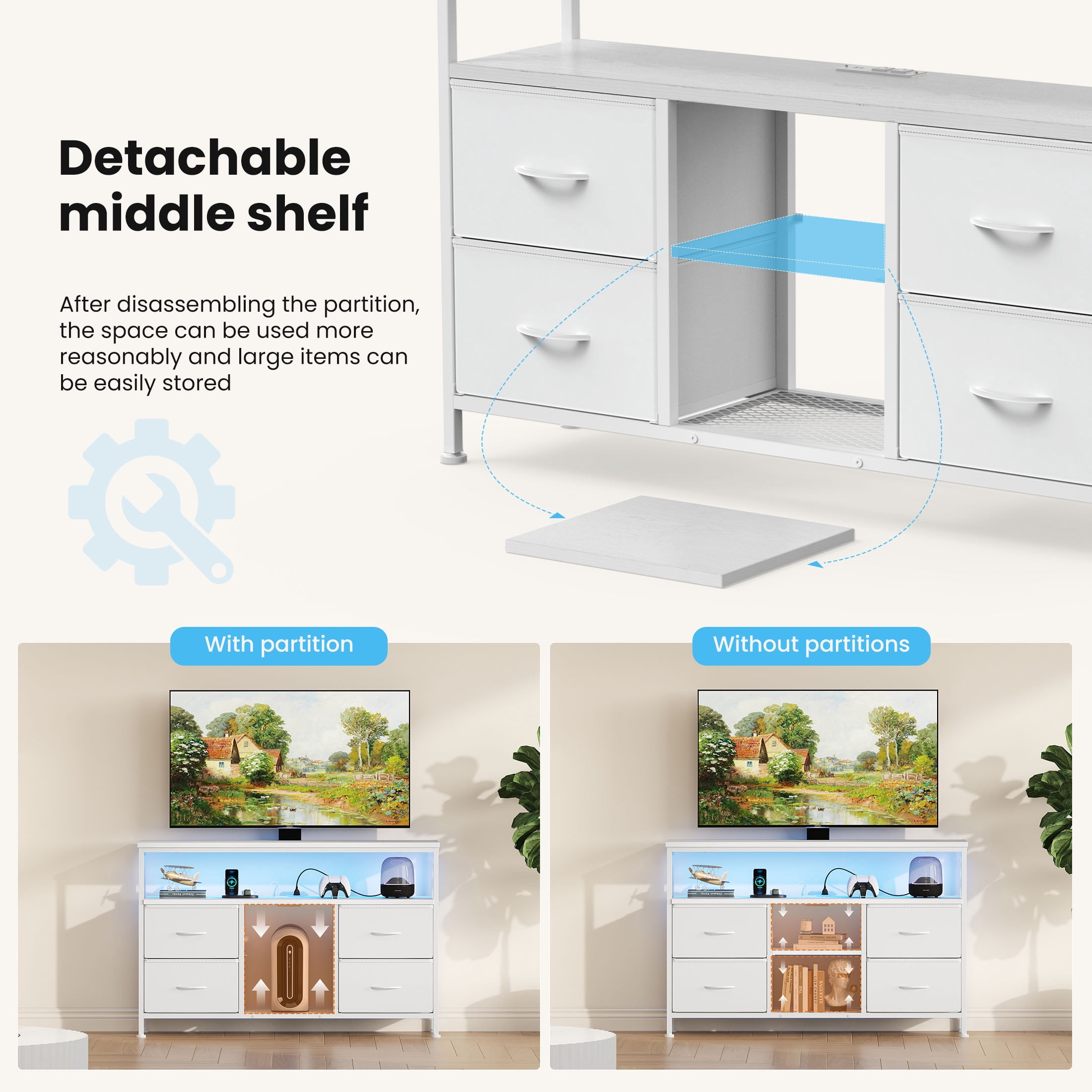 MCQ 43" TV Stand with 4 Fabric Drawers, Built-in Outlet - Perfect for Living Room and Bedroom, White