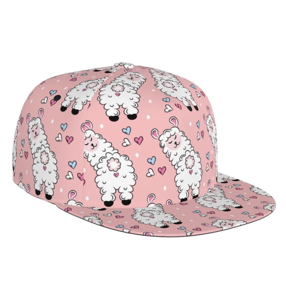 Flat Bill Trucker Hats for Women Men - Cartoon Cute Alpaca Love Pink Adjustable Flat Baseball Cap Snapback Hats Dad Hats for Men